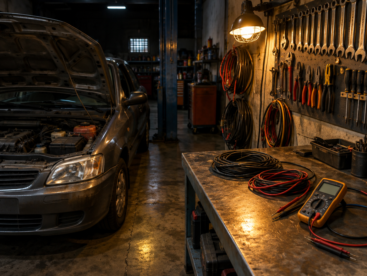 Oficina de elétrica automotiva com carro aberto e ferramentas na parede