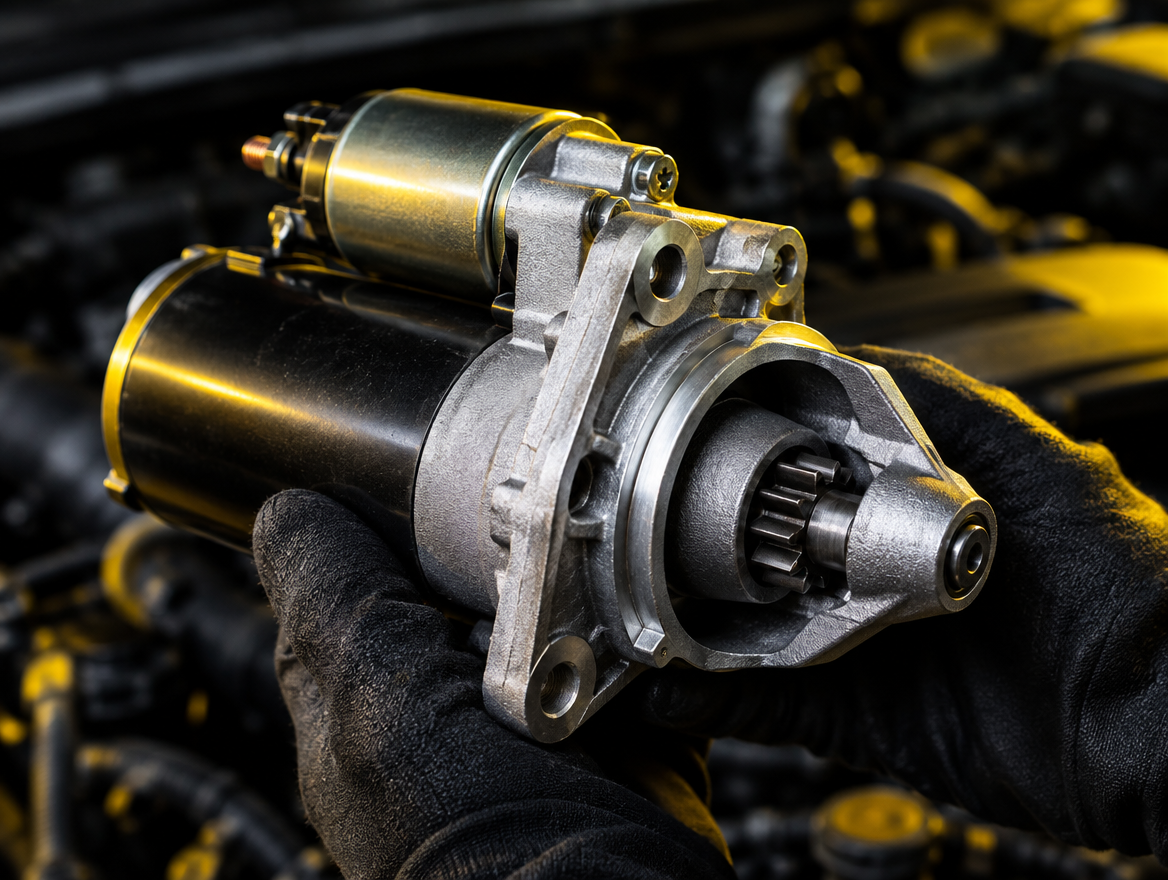 Motor de arranque automotivo em mãos de mecânico