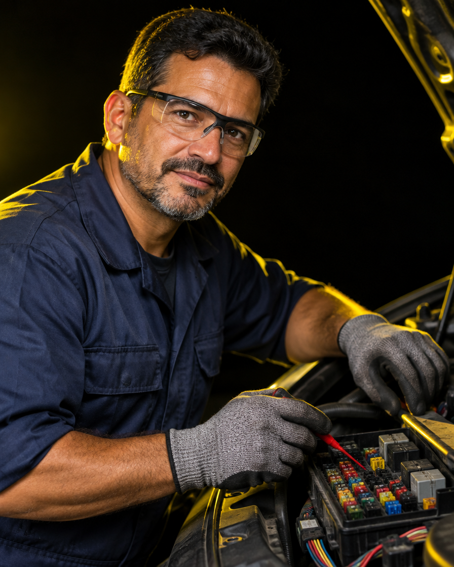 Eletricista automotivo em oficina com luz amarela
